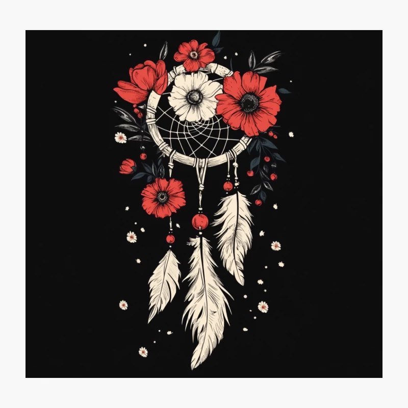 Floral Dreamcatcher Illustration with Red and White Blossoms Throw Pillow