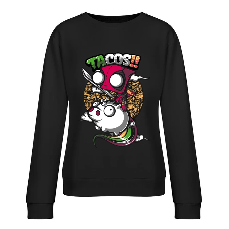 Colorful Cartoon of Tacos with a Unicorn and Knife-wielding Character Female Pullover Sweatshirt