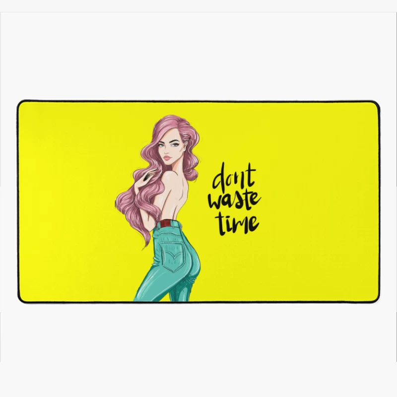 Stylish Woman Illustration with Pink Hair Desk Mat