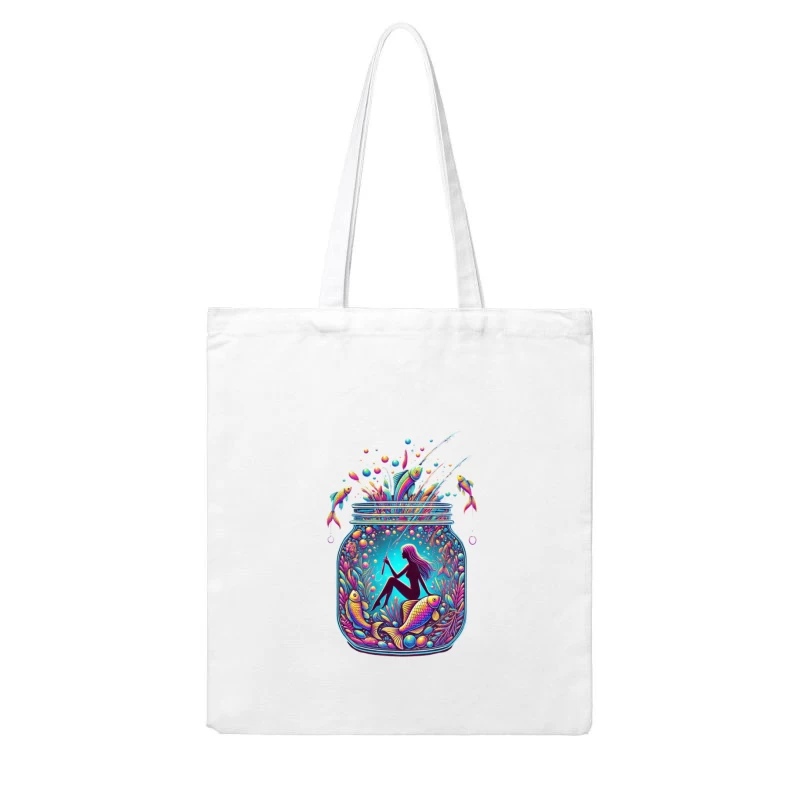 Magical Mermaid in Enchanted Mason Jar with Rainbow Fish Cotton Tote Bag