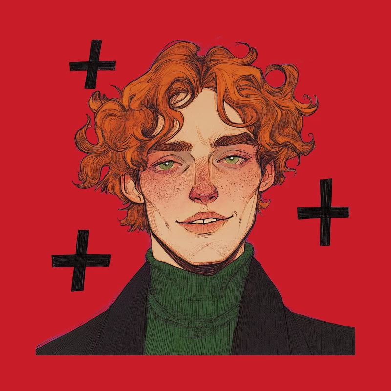 Digital Illustration of Character with Red Curly Hair in Green Turtleneck Female Pullover Hoodie