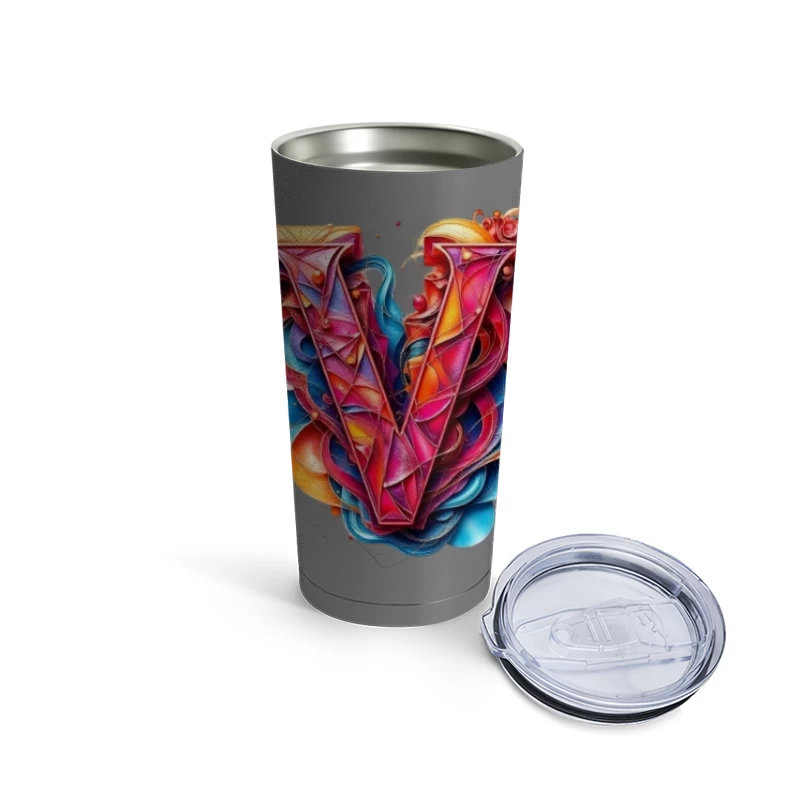 Vibrant Geometric Letter V with Abstract Swirls Travel Mug