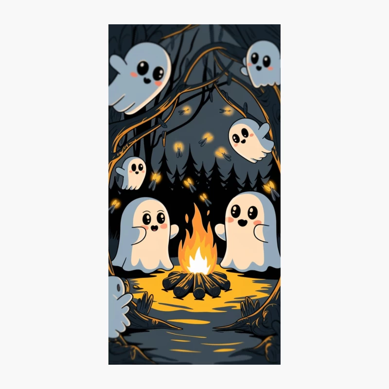 Cute Cartoon Ghosts Gathered Around Campfire in Spooky Night Forest iPhone Case