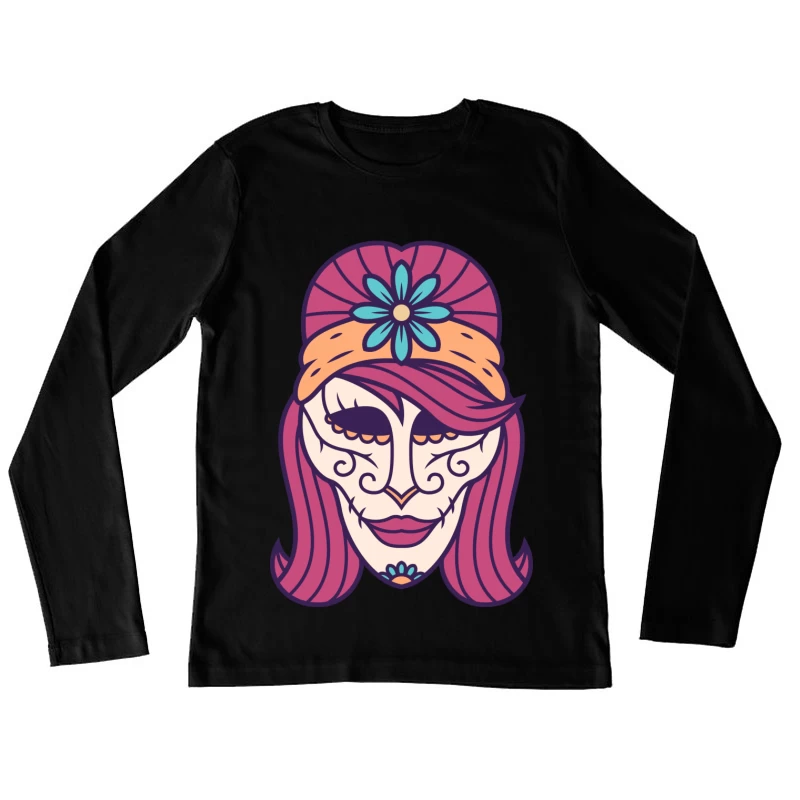 Masque de calavera coloré avec motif floral Femme Manches Longues T-Shirt