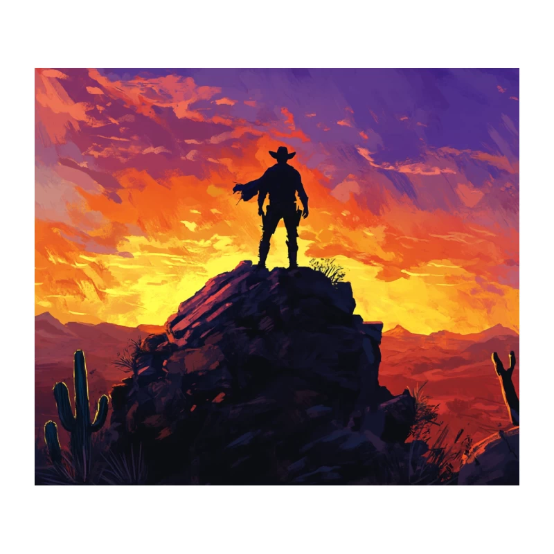 Lone Cowboy Silhouette at Dramatic Desert Sunset Tapestry