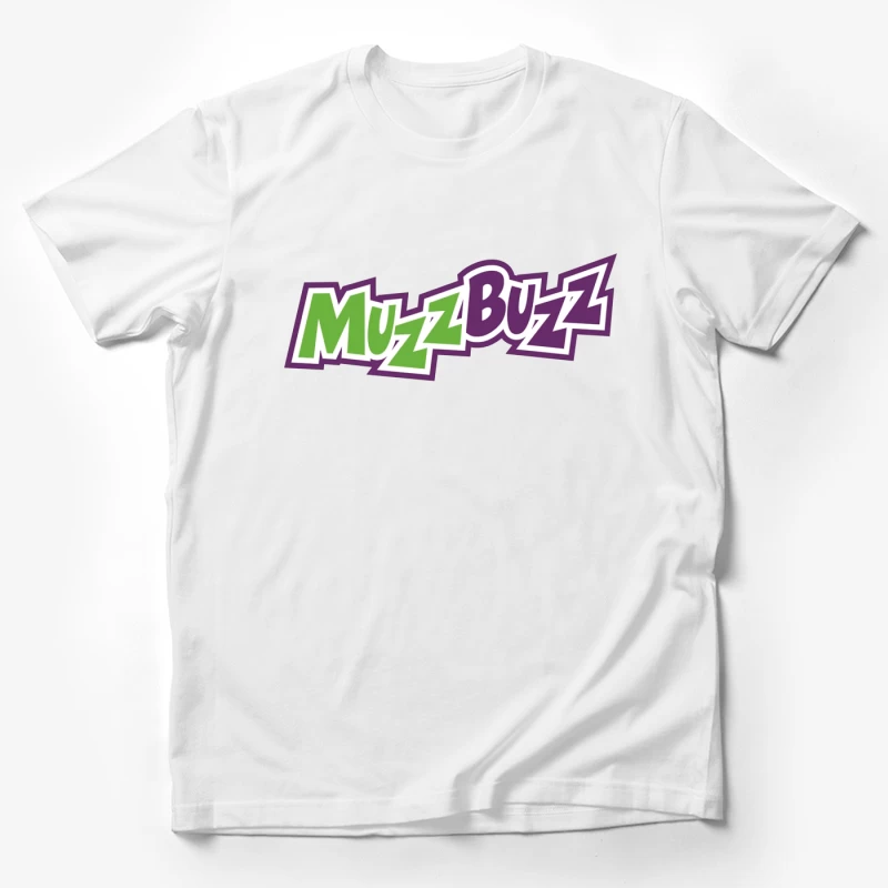 Muzz Buzz Beverage Brand Logo in Green and Purple Male T-Shirt