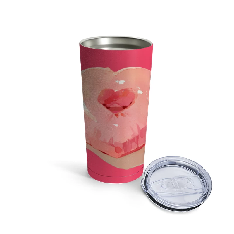 Pink Heart-Shaped Glazed Donut Digital Illustration Travel Mug