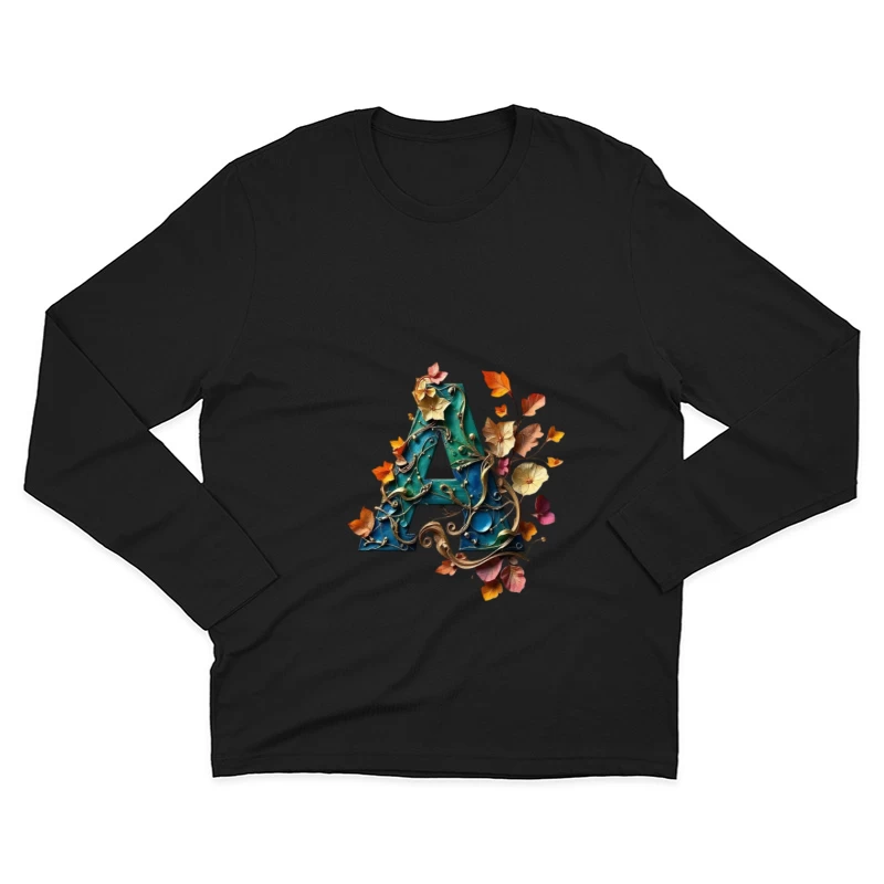 Ornate Teal Letter A with Autumn Floral Embellishments Male Long Sleeve T-Shirt