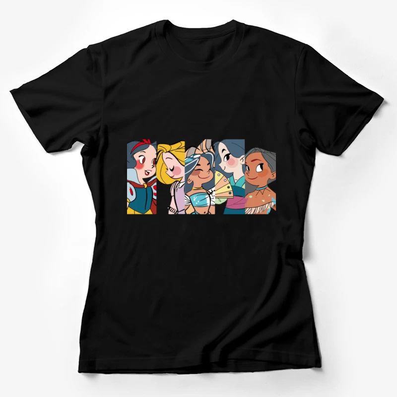 Fünf Cartoon-Prinzessinnen in einem Farbstreifen Damen T-Shirt