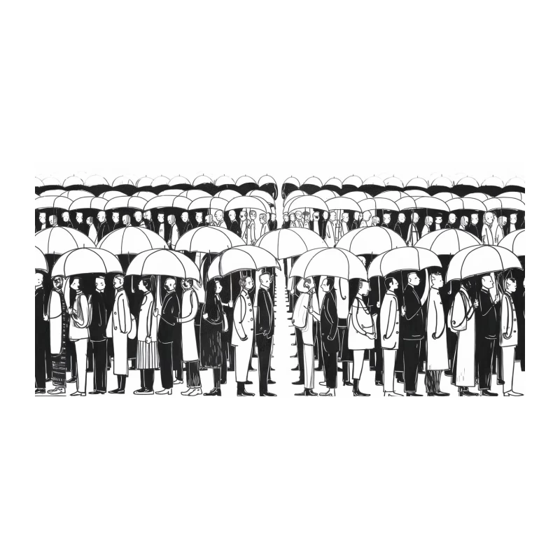 Crowded Urban Scene on a Rainy Day: Black and White Illustration Tapestry