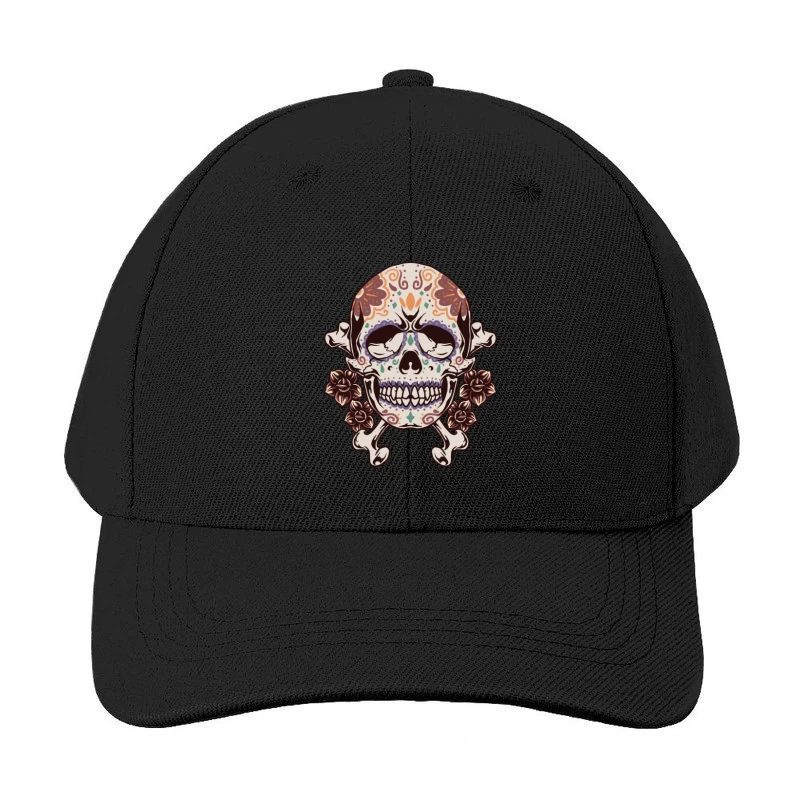 Decorative Skull with Crossbones and Floral Elements Baseball Cap