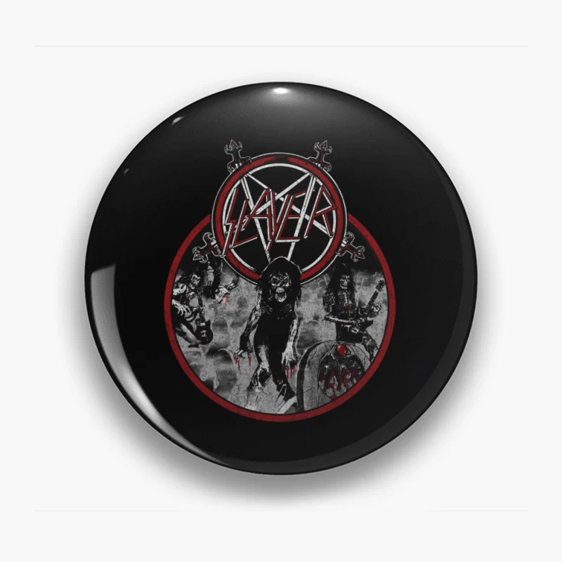 Slayer Heavy Metal Band Logo with Dark Horror-Themed Artwork Pin