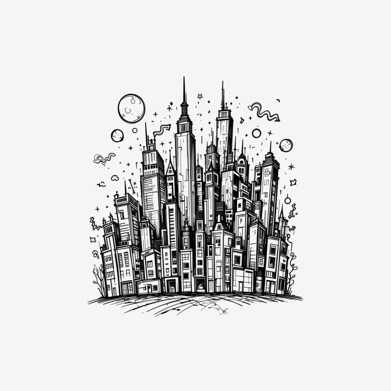 Urban Black and White Cityscape Illustration Male T-Shirt