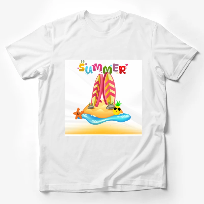 Tropical Surfboard on Island with Palm Trees Male T-Shirt