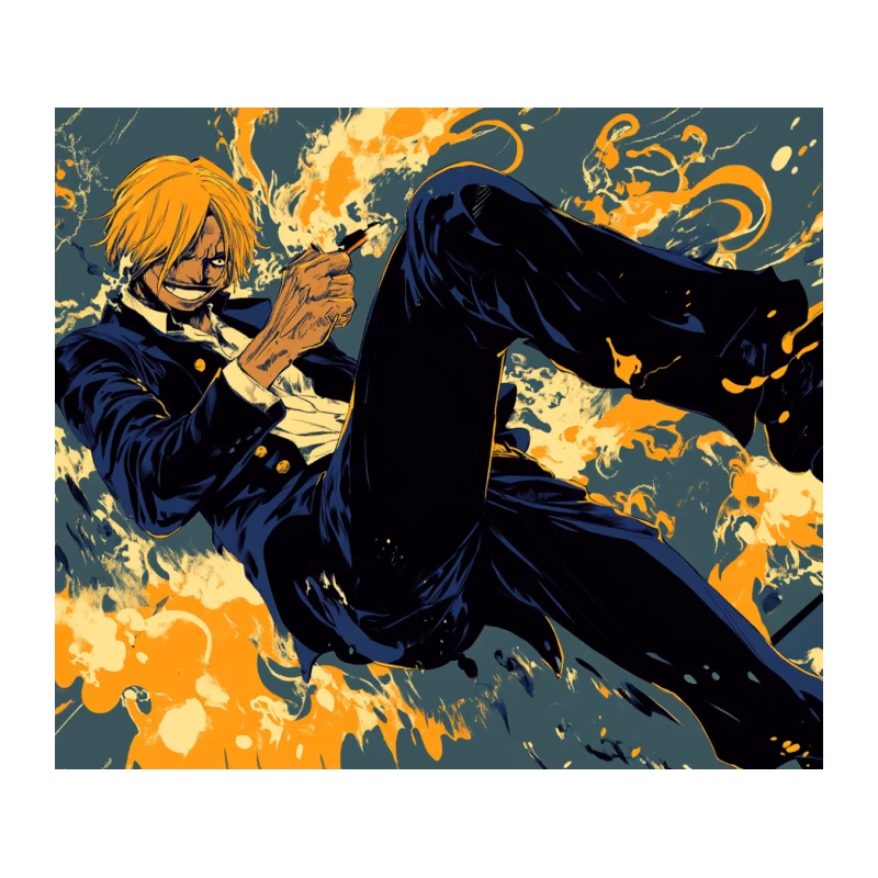 Dynamic Anime Character Engulfed in Flames Tapestry