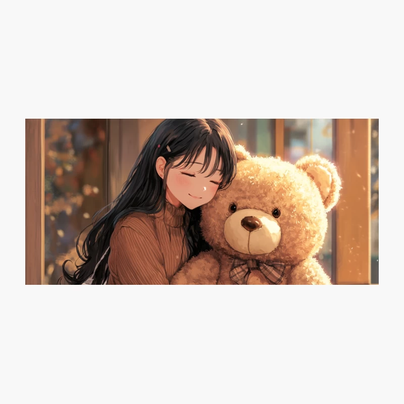 Cozy Anime Schoolgirl Hugging Teddy Bear by Sunlit Window Coffee Mug