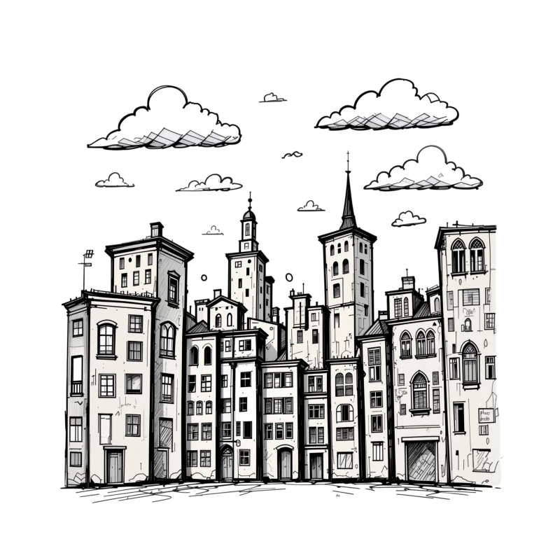 Stylized Black and White Cityscape Illustration Throw Pillow