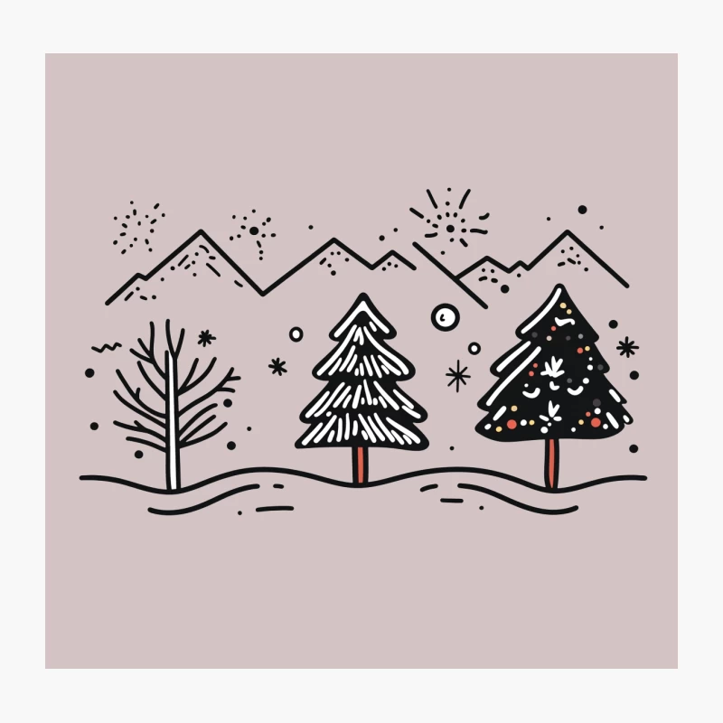 Minimalist Hand-Drawn Winter Festive Scene with Christmas Trees and Mountains Throw Pillow