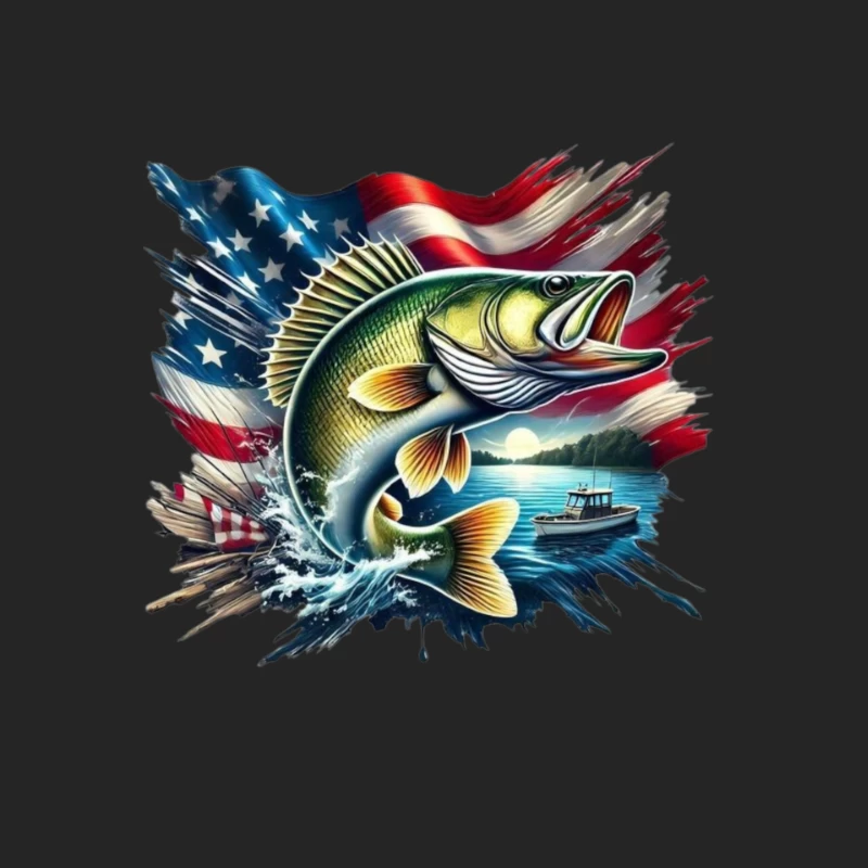 Dynamic Fish with American Flag and Scenic Background Male Pullover Sweatshirt