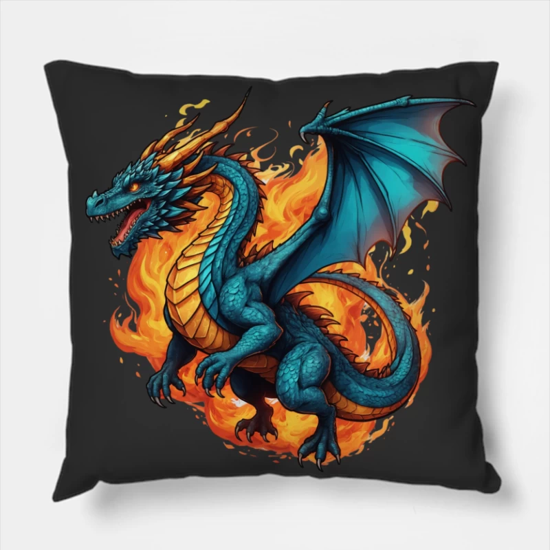Blue Dragon in Flames Throw Pillow