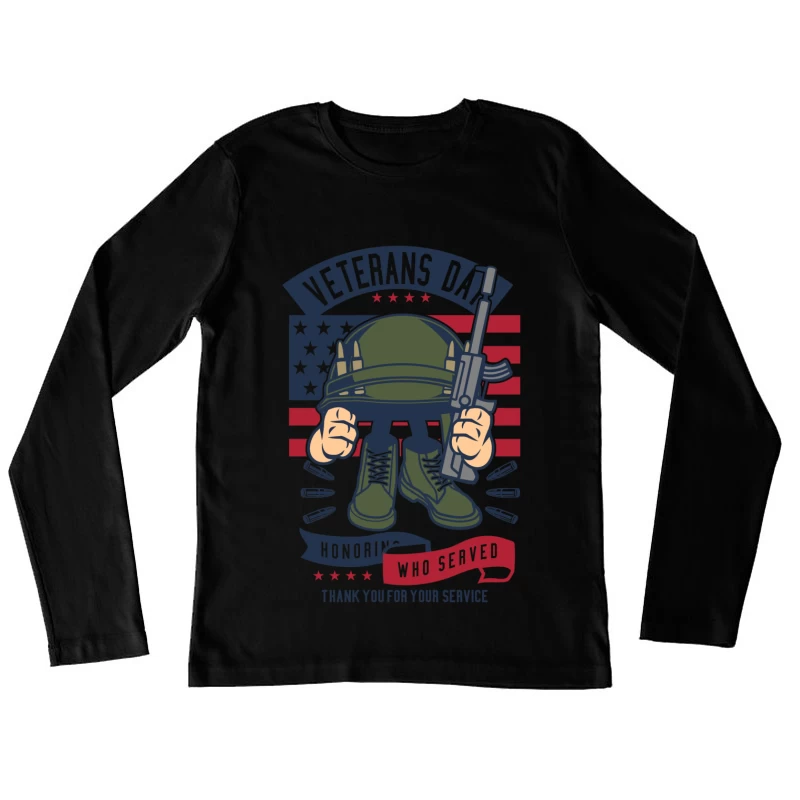 Hommage aux anciens combattants: casque militaire et bottes sur fond de drapeau américain Femme Manches Longues T-Shirt