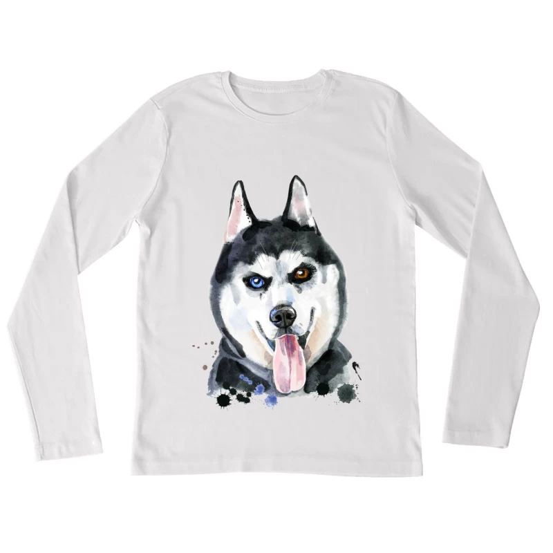 Portrait aquarelle de husky avec yeux hétérochromes Femme Manches Longues T-Shirt