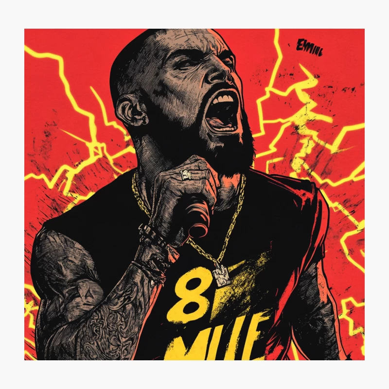 Intense Rapper from 8 Mile: Stylized Illustration with Lightning Throw Pillow