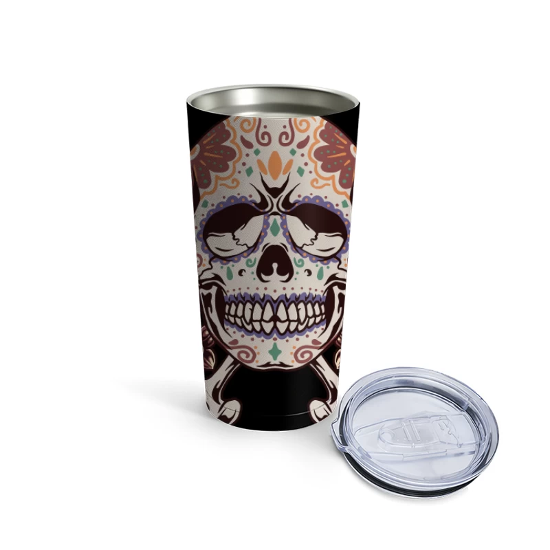 Decorative Skull with Crossbones and Floral Elements Travel Mug