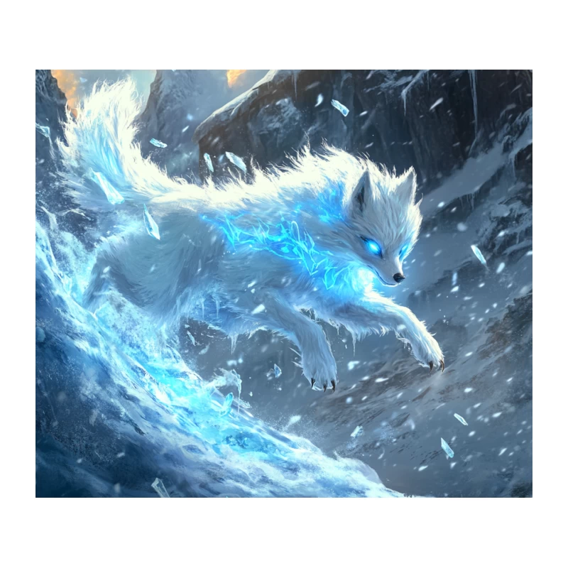 Mystical Arctic Fox Wielding Ice Magic in Snowy Mountain Realm Tapestry