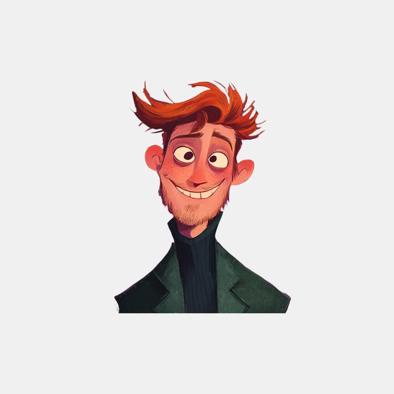 Cheerful Red-Haired Cartoon Character in Green Jacket Digital Illustration Male Tank Top