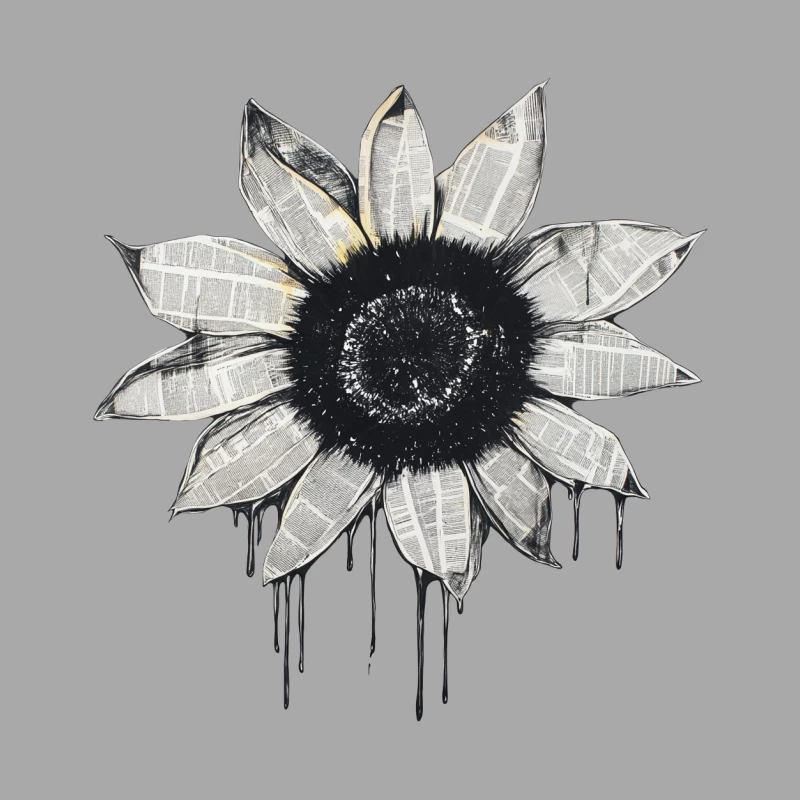 Monochrome Newspaper Sunflower Art with Dripping Effect Male Pullover Hoodie