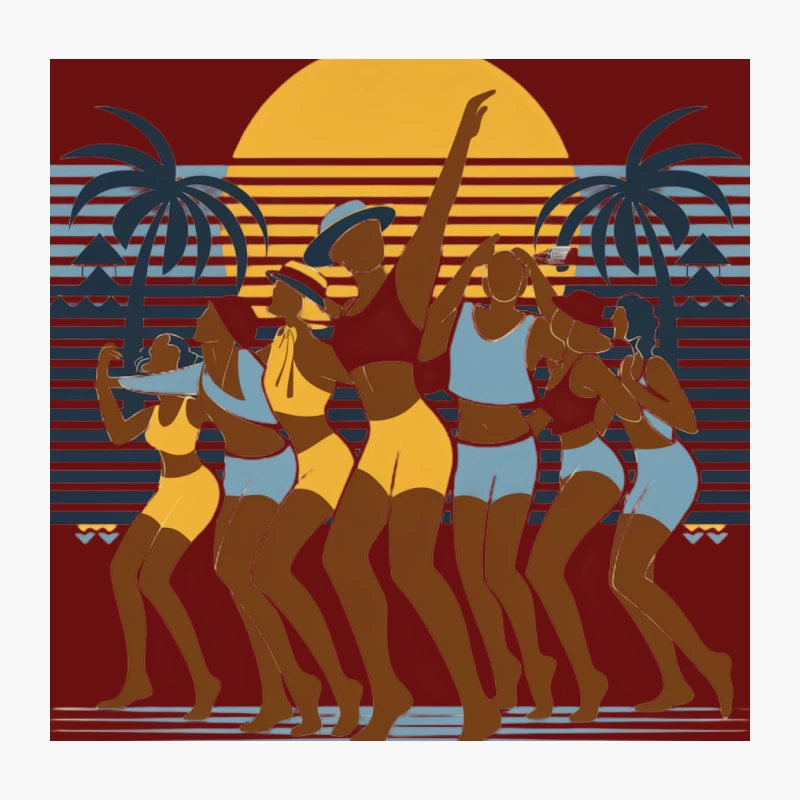 Retro Summer Beach Party with Dancing Women at Tropical Sunset Throw Pillow