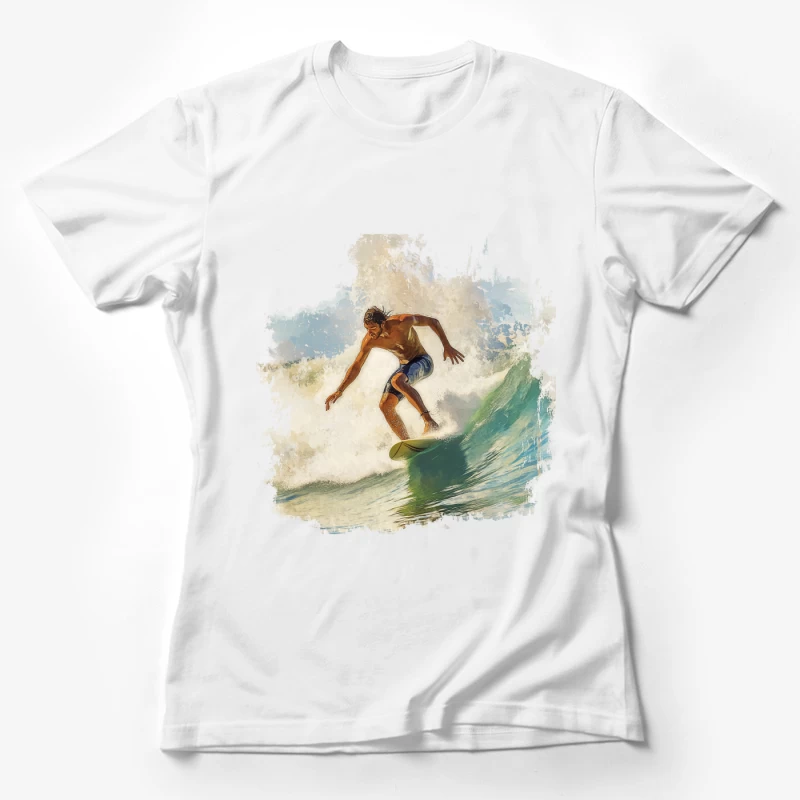 Dynamic Watercolor Surfer Riding Turquoise Wave Female T-Shirt