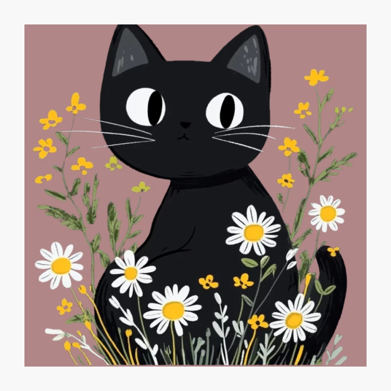 Whimsical Black Cat Amid Blooming Daisies Pin