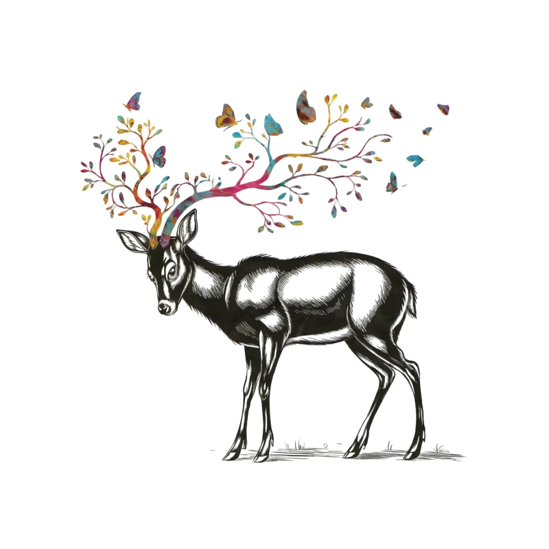 Surreal Deer with Colorful Antler Tree and Butterflies Tapestry