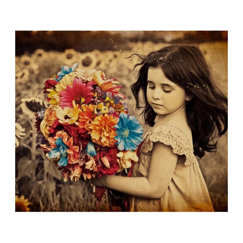 Innocent Girl with Vibrant Bouquet in Sunflower Field Tapestry