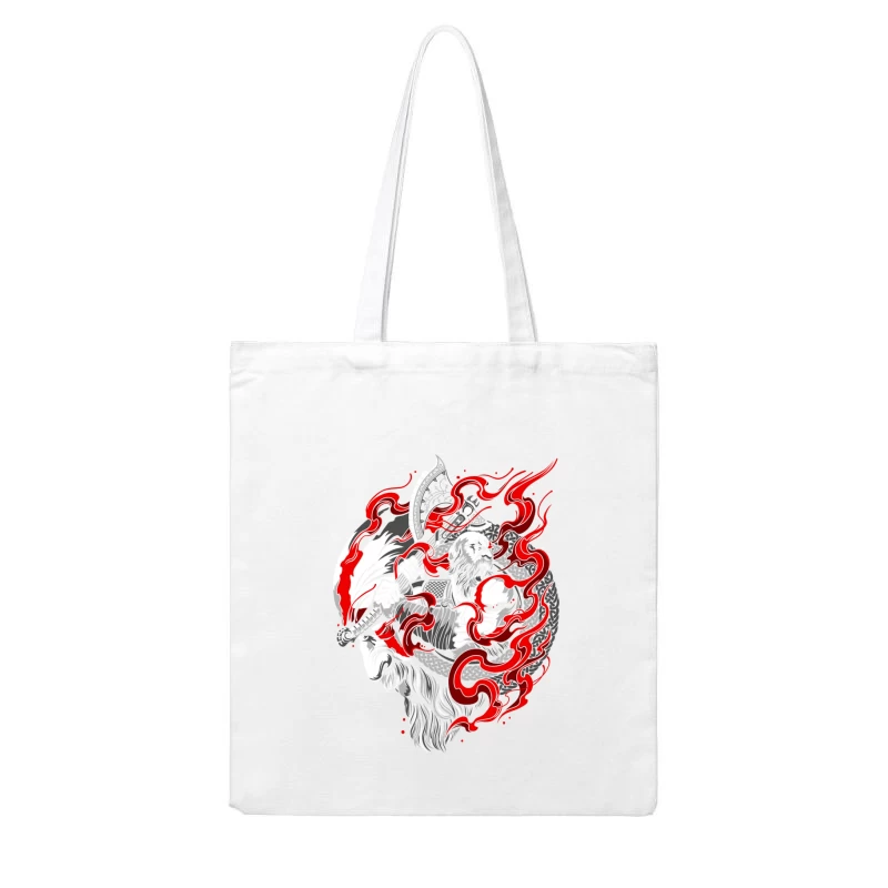 Fierce Warrior with Axe and Flames Cotton Tote Bag