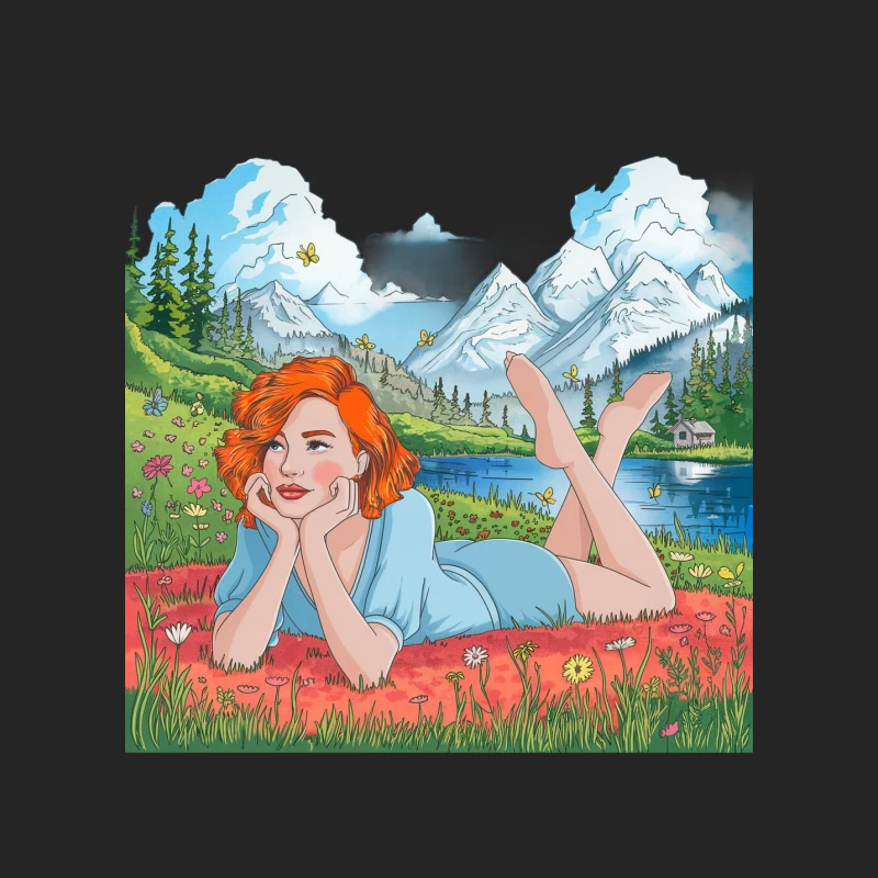 Serene Alpine Meadow Illustration with Lake and Mountains Male Pullover Sweatshirt