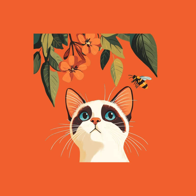 Curious Cat Admires Flowers and Bee in Colorful Illustration Female T-Shirt