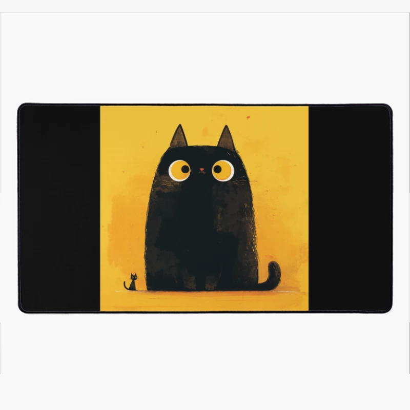 Adorable Black Cat with Big Yellow Eyes - Minimalist Illustration Desk Mat