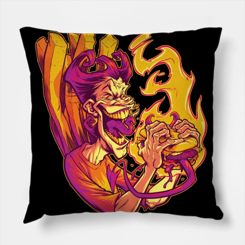 Flaming Burger Delight Throw Pillow