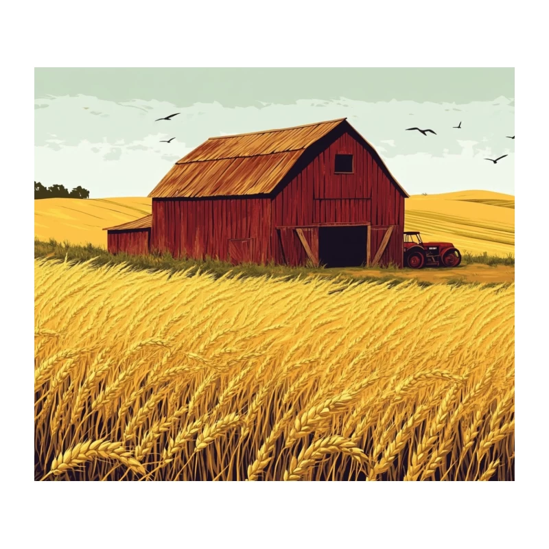 Rustic Red Barn in Golden Wheat Field: A Rural Harvest Scene Tapestry