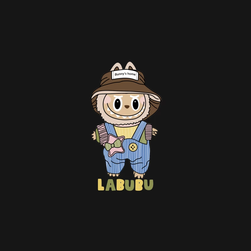 Niedlicher Labubu-Charakter mit Overall und Hut Herren Langarm T-Shirt