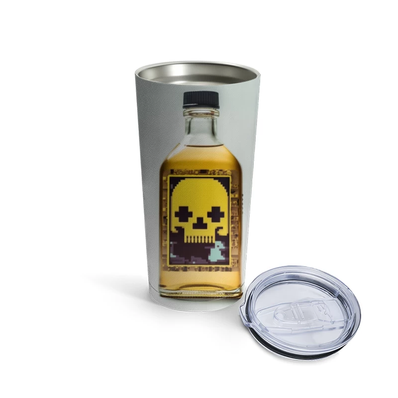 Pixel Art Skull Liquor Bottle with Retro Gaming Design Travel Mug