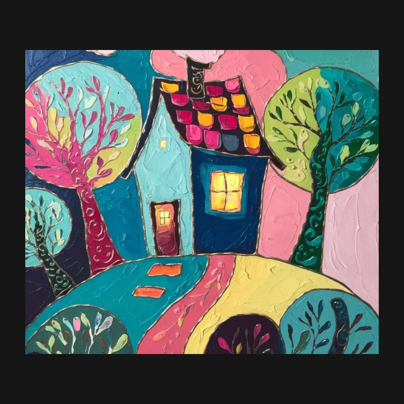 Whimsical Abstract Landscape with Colorful House and Curvy Trees Mouse Pad