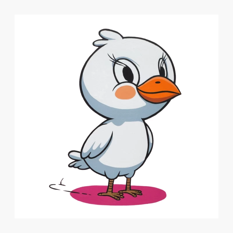 Adorable Cartoon White Bird with Orange Beak Standing on Pink Circle Pin
