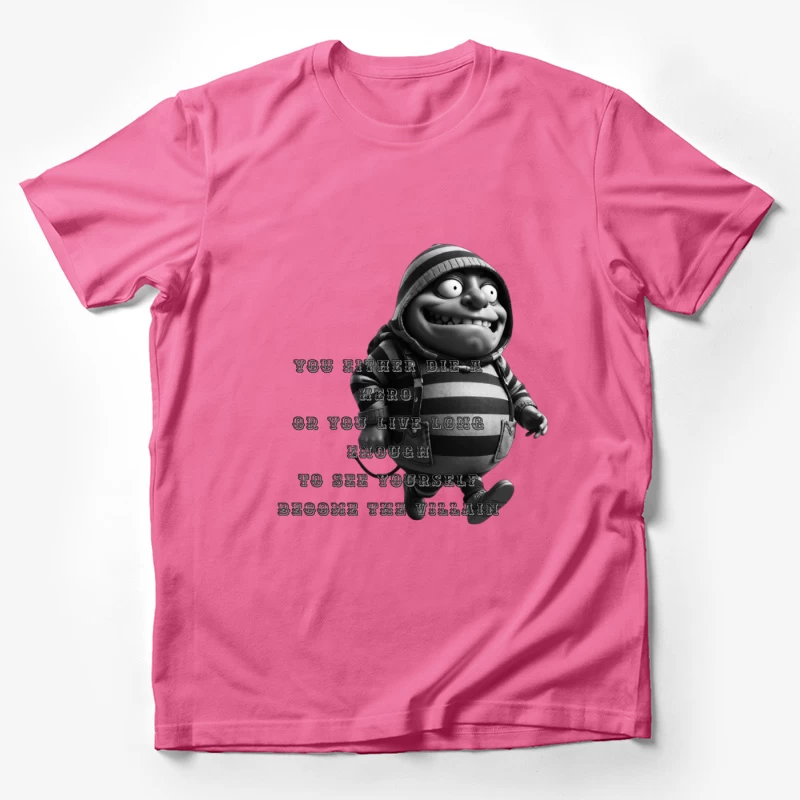 Dark Humorous Villain Quote with Animated Character in Black and White Male T-Shirt