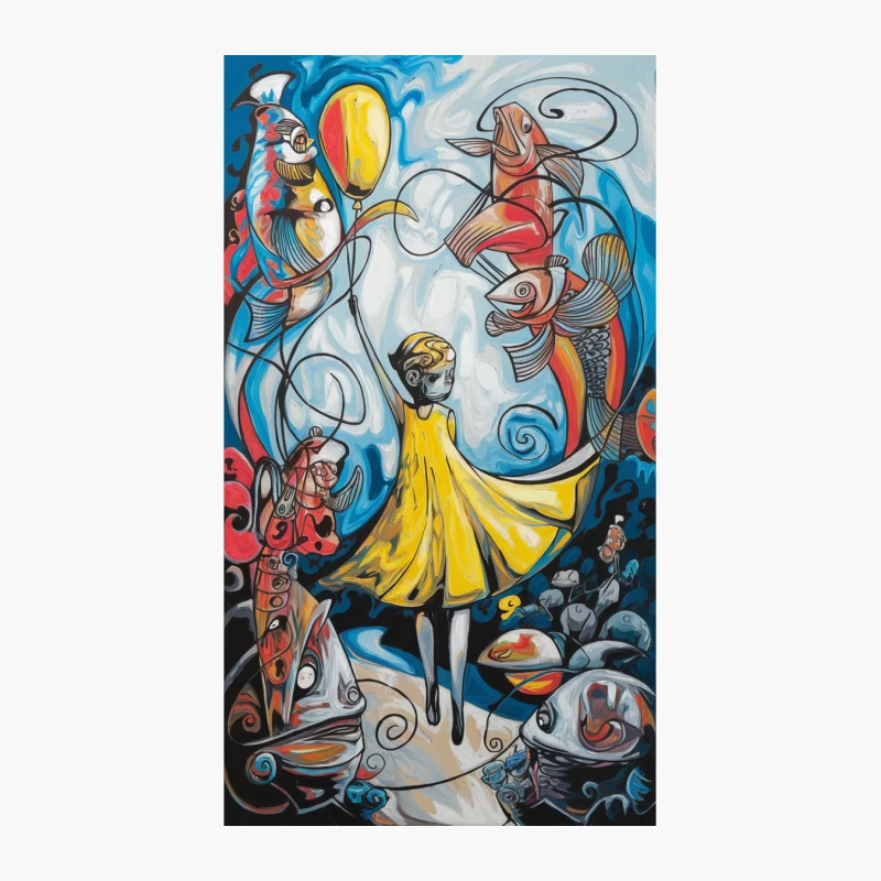 Whimsical Surrealist Scene with Yellow-Dressed Figure and Abstract Shapes Cotton Tote Bag