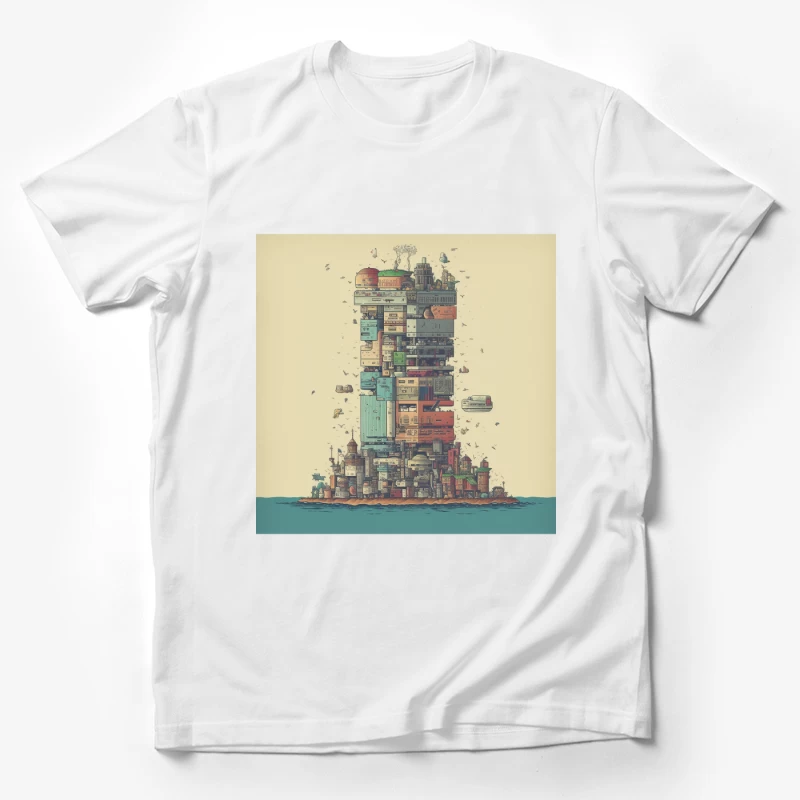 Retro-Futuristic Vertical City Island Male T-Shirt