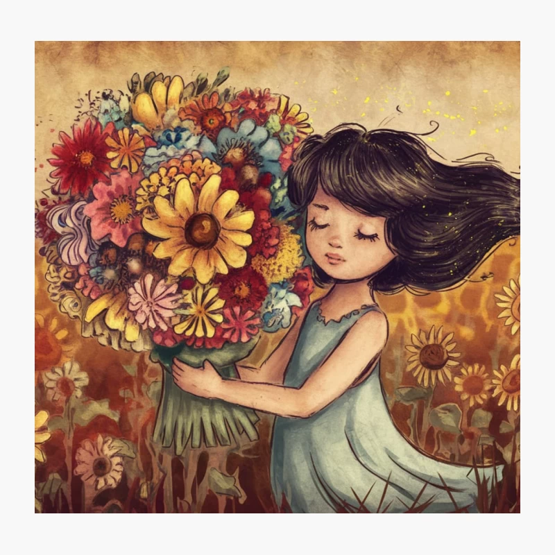 Whimsical Vintage Illustration of Girl with Floral Bouquet Throw Pillow